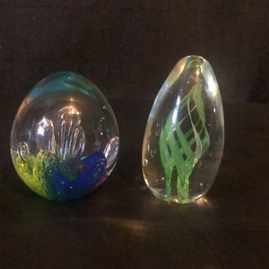Blown glass art paperweights circa 1970, floral leaf - small chips on green 1